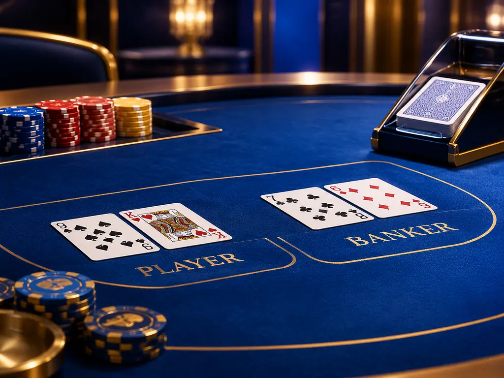 Meja baccarat dengan dua kelompok kartu dan chip