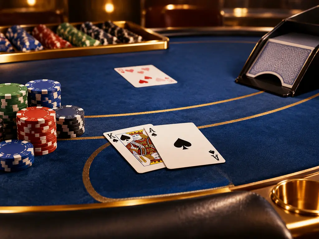 Meja blackjack dengan kartu, chip dan sepatu kartu