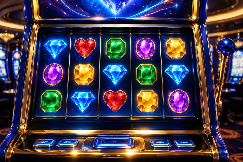 Mesin slot bertema permata berwarna di ruang kasino