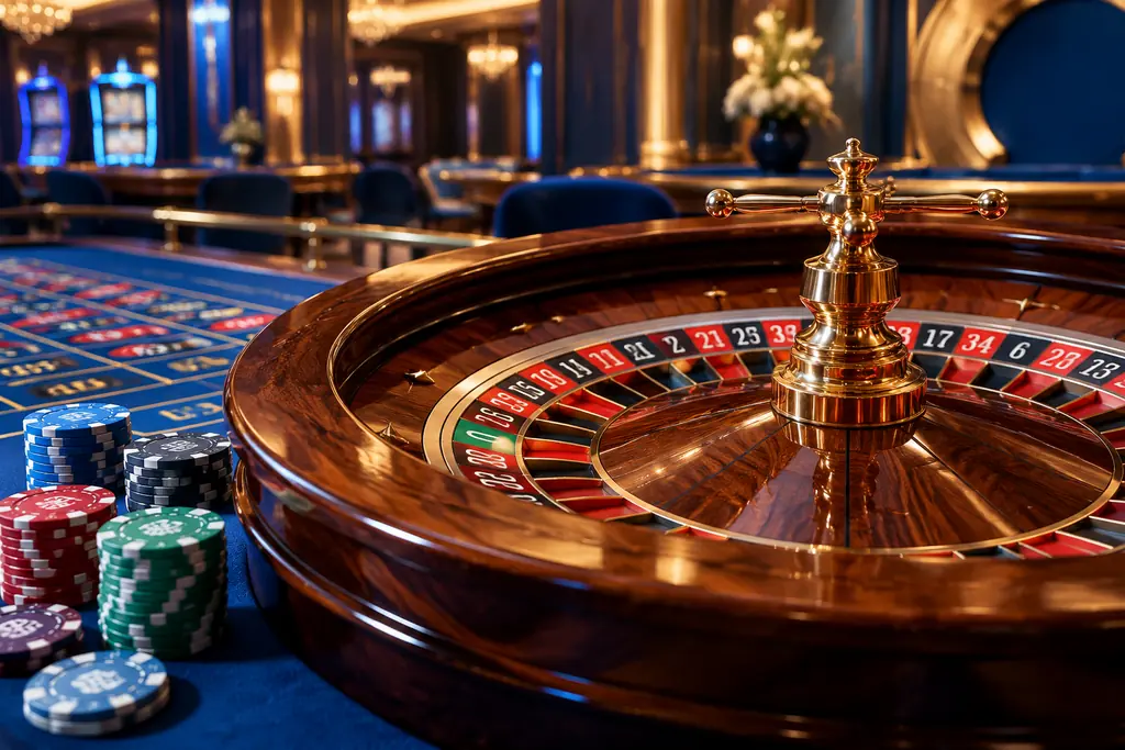 Roda roulette kayu dan bola di meja kasino