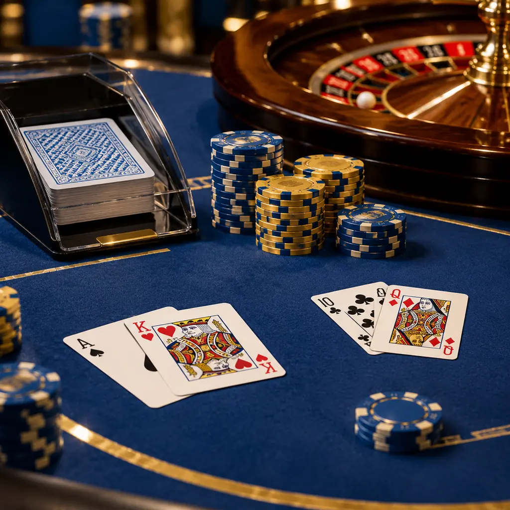 Peralatan kartu, chip dan roda kecil di meja kasino